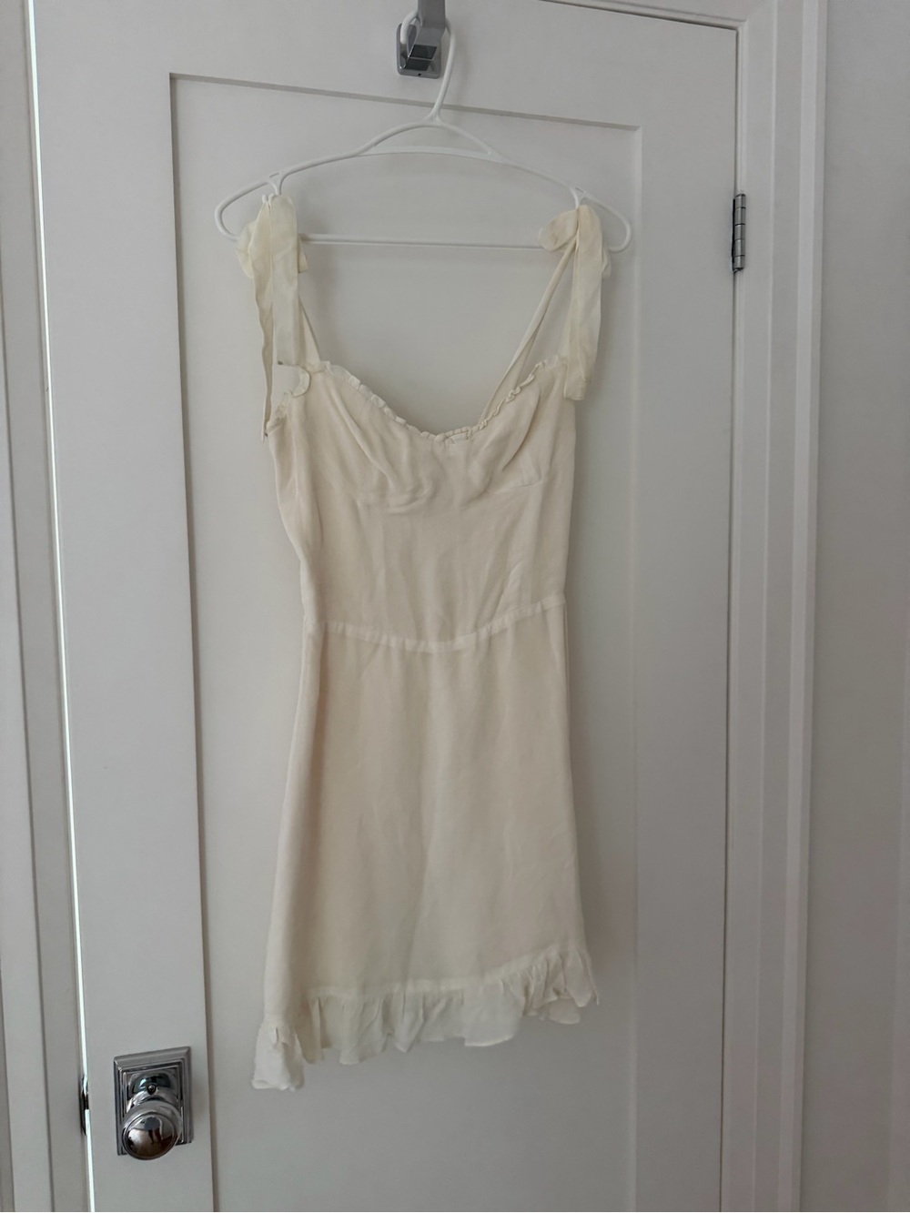 Reformation Cream Tie-Shoulder Slip Dress with Ruffle Hem